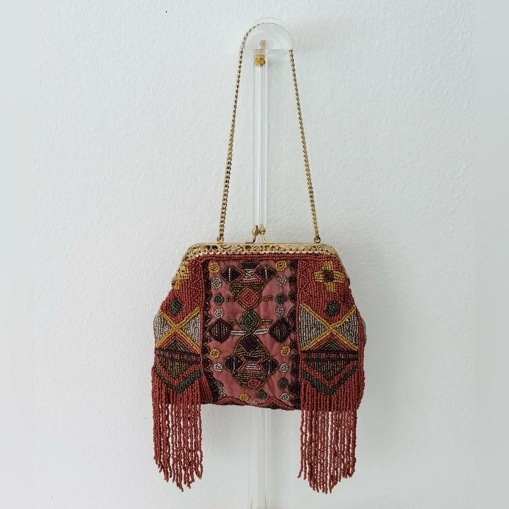 Hoss Intropia Beaded Evening Bag NWT KISS Lock Earthy Colors Tribal-Design Boho - Picture 1 of 9